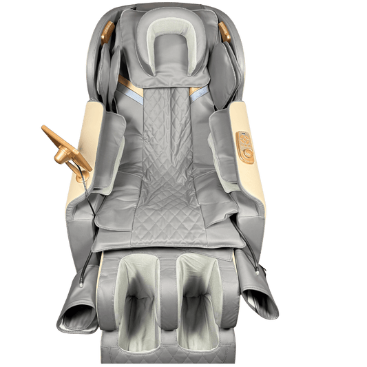 vooraanzicht van grijze massagestoel met cremekleurige accenten en quilted bekleding