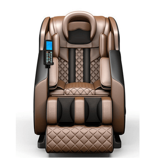 Massagestoel in goud en zwart met quilted zitting, schouderkussens, voetmassage en een bedieningspaneel aan de rechterarmleuning.