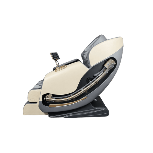 Zijaanzicht massagestoel met SL-rail die de natuurlijke S- en L-vorm van de rug volgt.