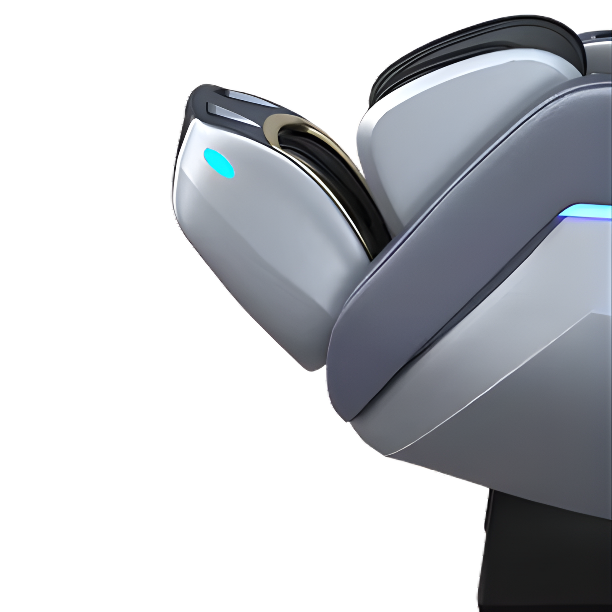 Detail van massagestoel met verstelbare beensteun en geïntegreerde LED-verlichting voor extra comfort.