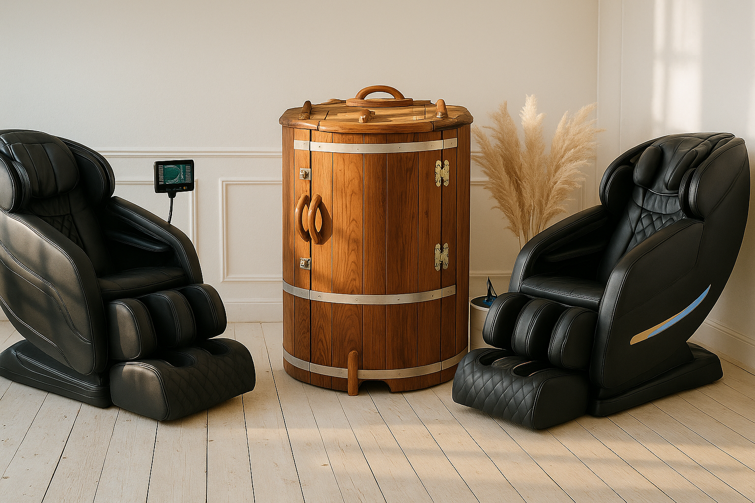 Twee zwarte massagestoelen met een houten sauna ertussen in een rustige thuiswellness ruimte