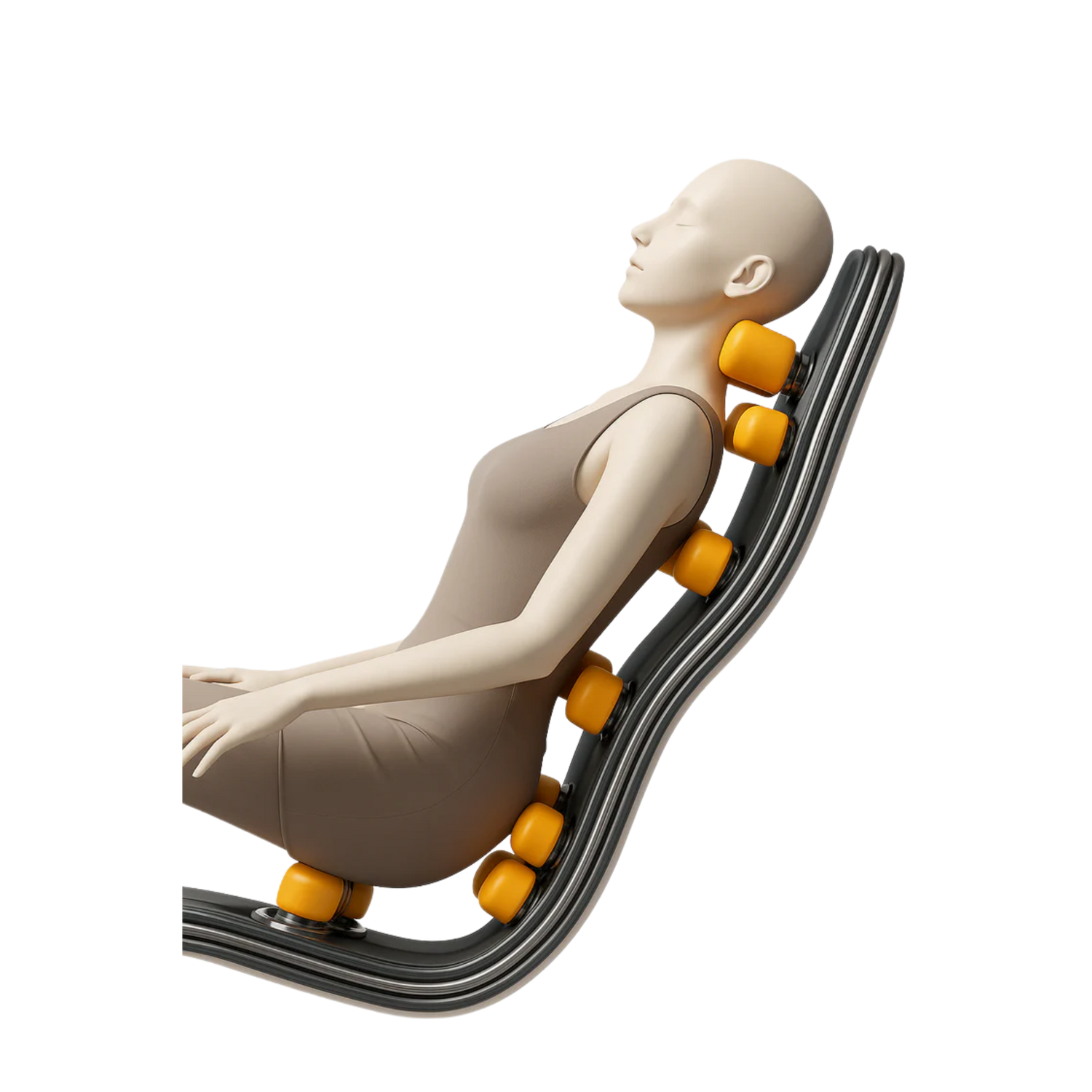 Illustratie van massagestoel met S-rail die rug en nek volgt voor volledige wervelkolommassage.