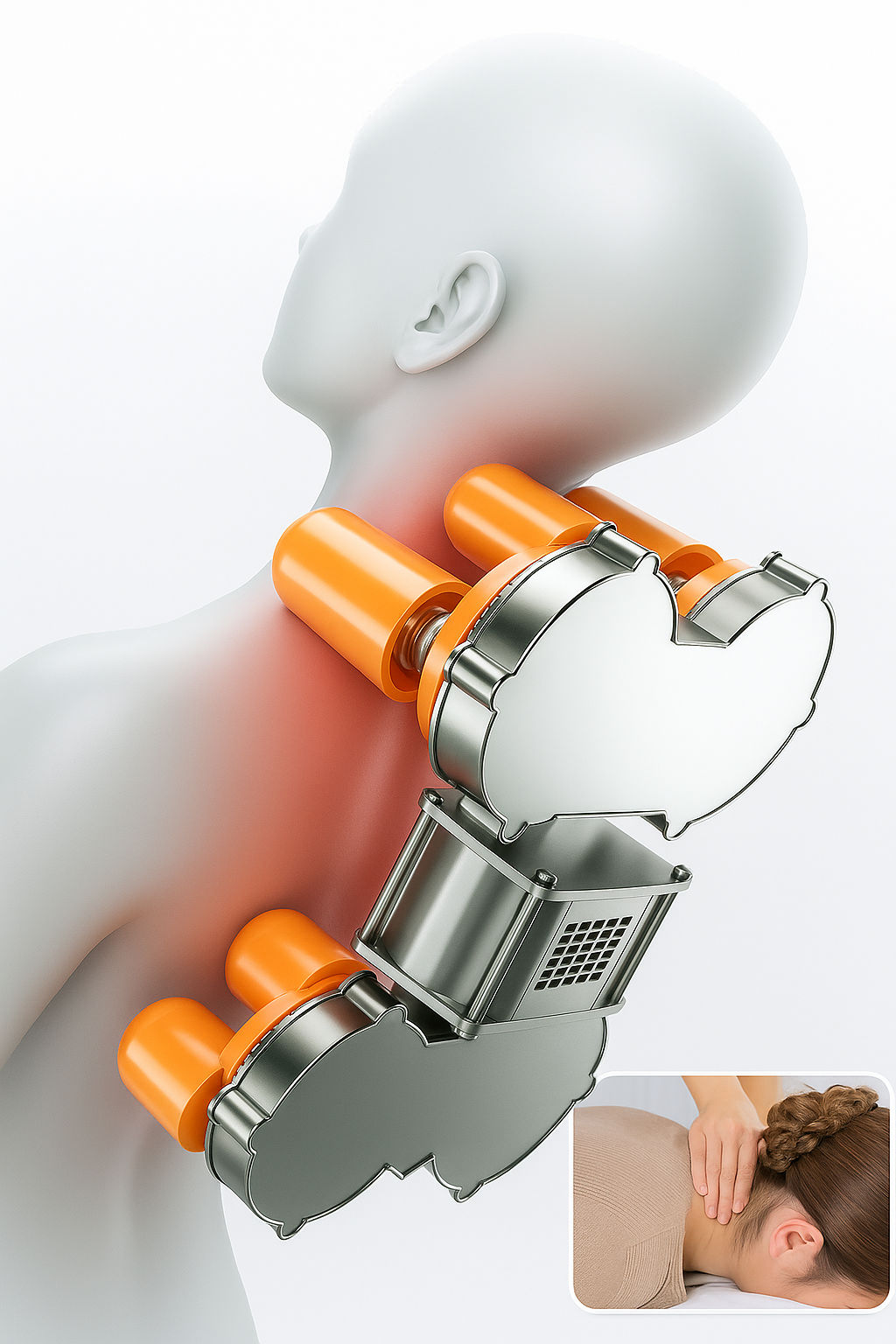 Illustratie van nekmassage met roterende massagekoppen die spanning in nek en schouders verlichten.