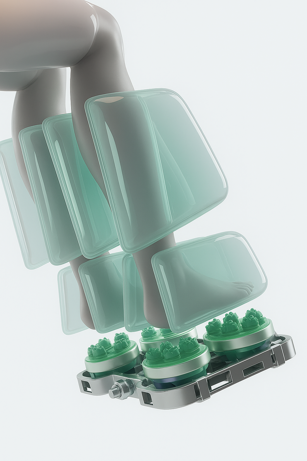 Illustratie van voet- en kuitmassage met luchtkussens en roterende massagekoppen onder de voeten.