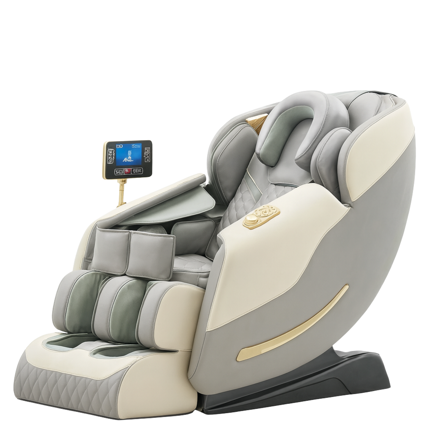 Luxe massagestoel in lichtgrijs met arm-, schouder- en beenmassage, verstelbare rugleuning en touchscreen bediening.