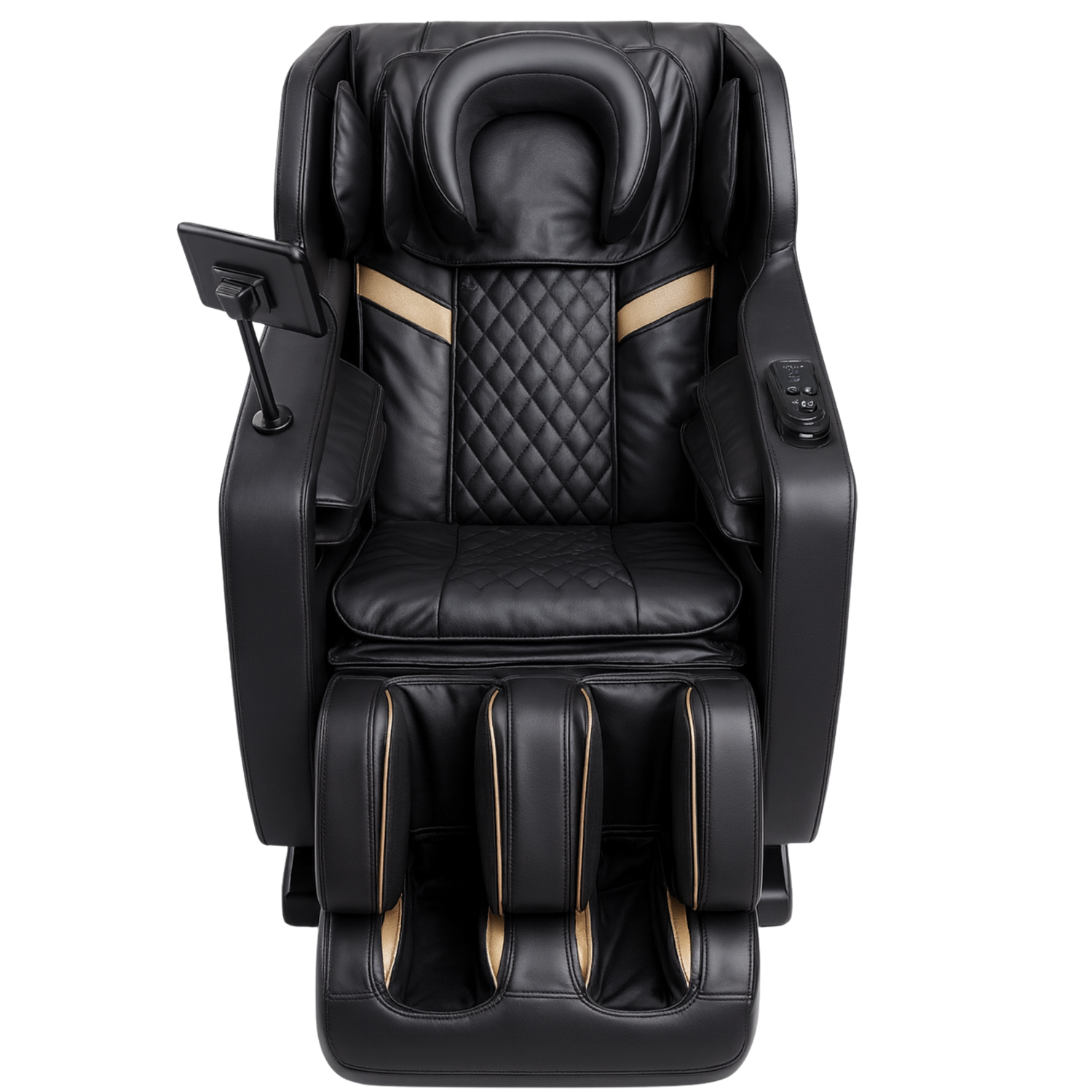 Zwarte massagestoel met full body massage, arm- en beenmassage, luxe bekleding en geïntegreerde bediening.