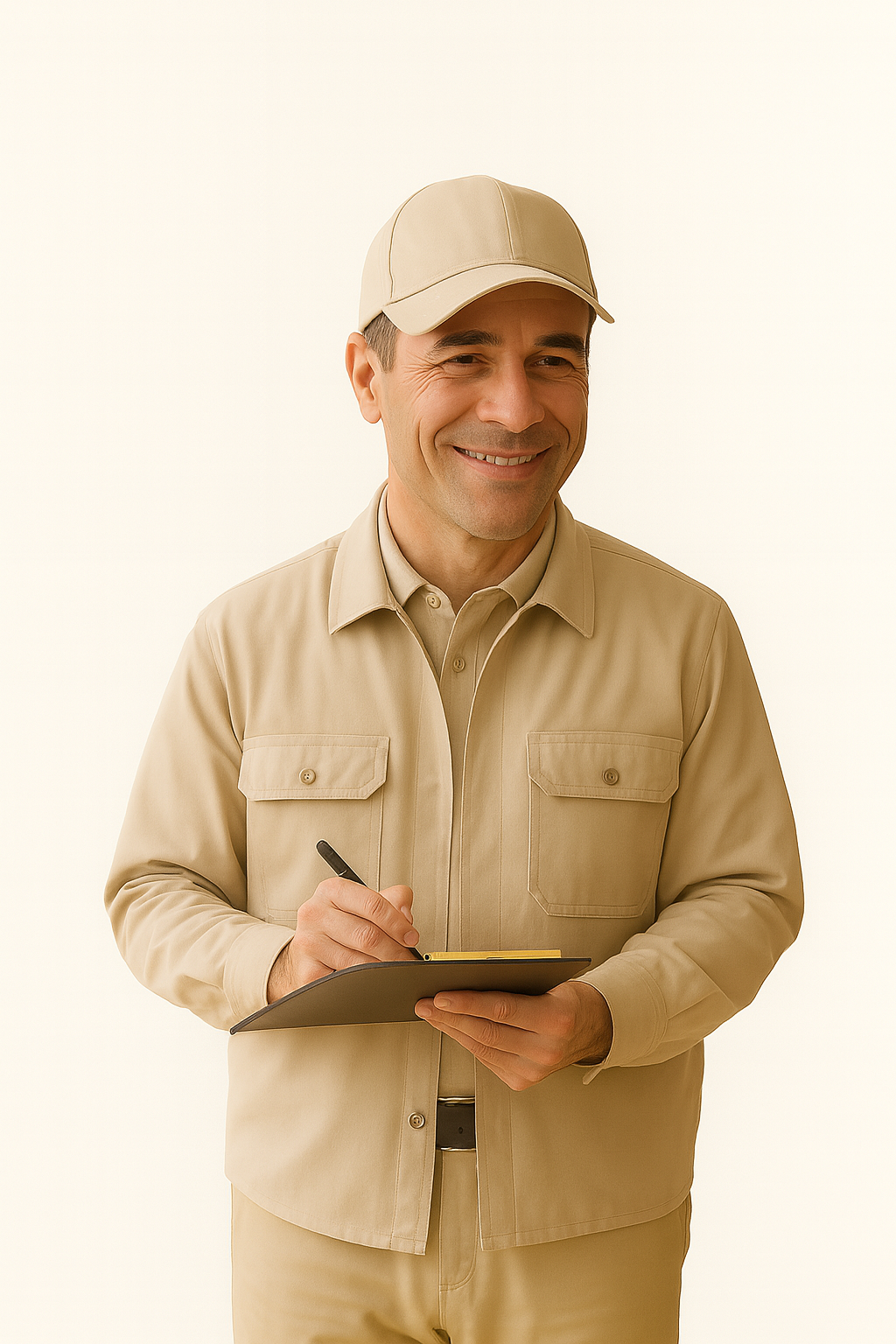 Man in beige werkkleding en pet schrijft op een clipboard en glimlacht, tegen een lichte achtergrond.