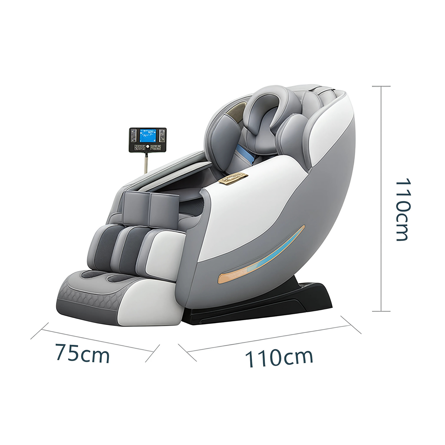 Massagestoel met afmetingen in zijaanzicht, compacte vorm, ligfunctie, touchscreen bediening en geïntegreerde beensteun.