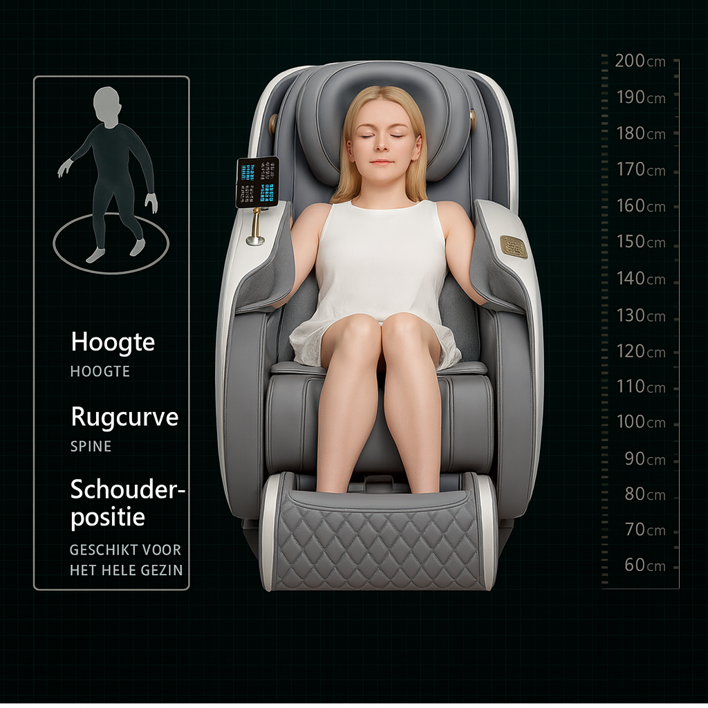 Massagestoel met automatische lichaamsdetectie voor hoogte, rugcurve en schouderpositie, geschikt voor verschillende lichaamslengtes.