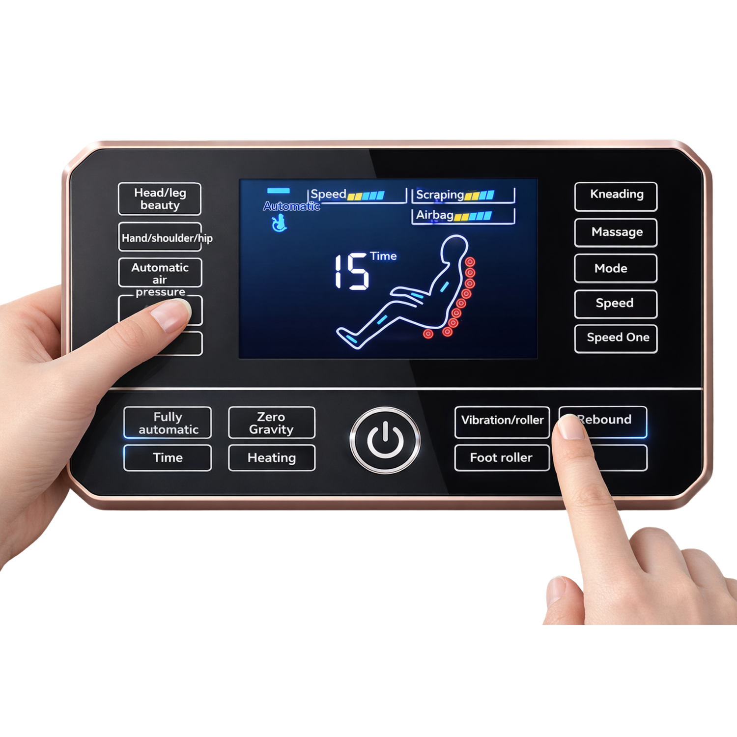 Touchscreen bediening van massagestoel met automatische massage programma’s en instellingen