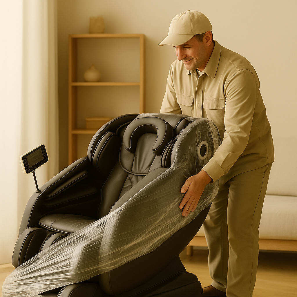 Monteur in beige kleding verwijdert beschermfolie van een zwarte massagestoel in een woonkamer.