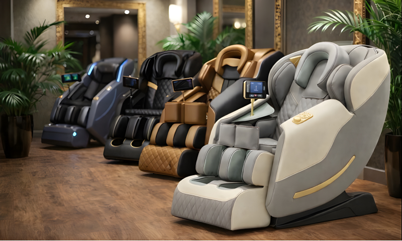 Showroom met meerdere massagestoelen in verschillende kleuren, opgesteld in luxe wellnessomgeving met planten en spiegels.