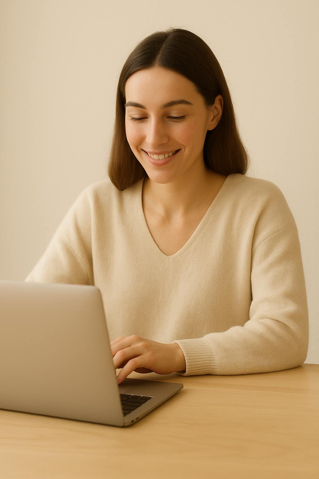 Vrouw zit aan tafel en werkt op een laptop, glimlachend, in een rustige lichte omgeving.