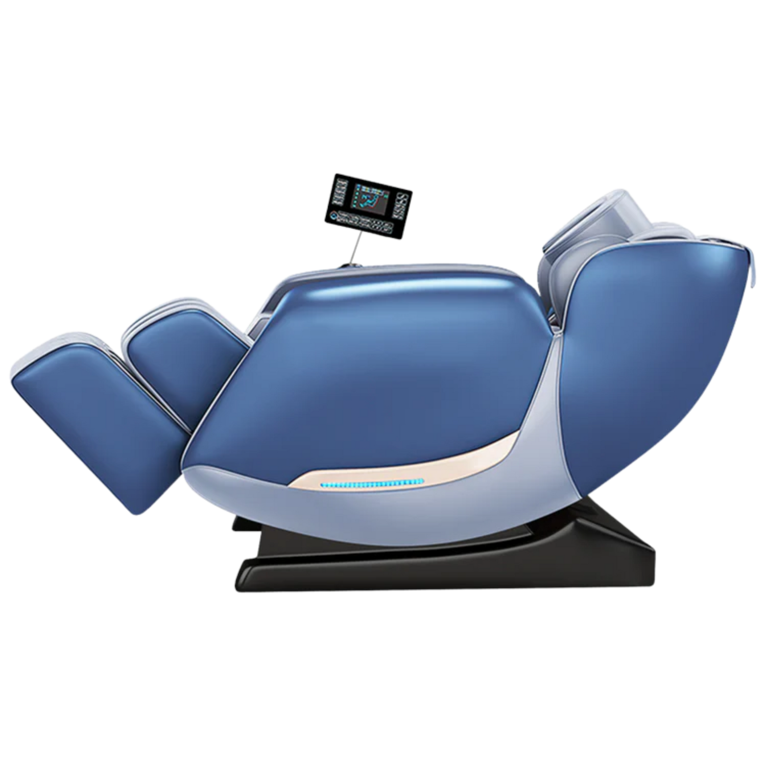 Zijaanzicht van massagestoel in zero gravity stand met ligfunctie, LED-accent en verstelbare beensteun.