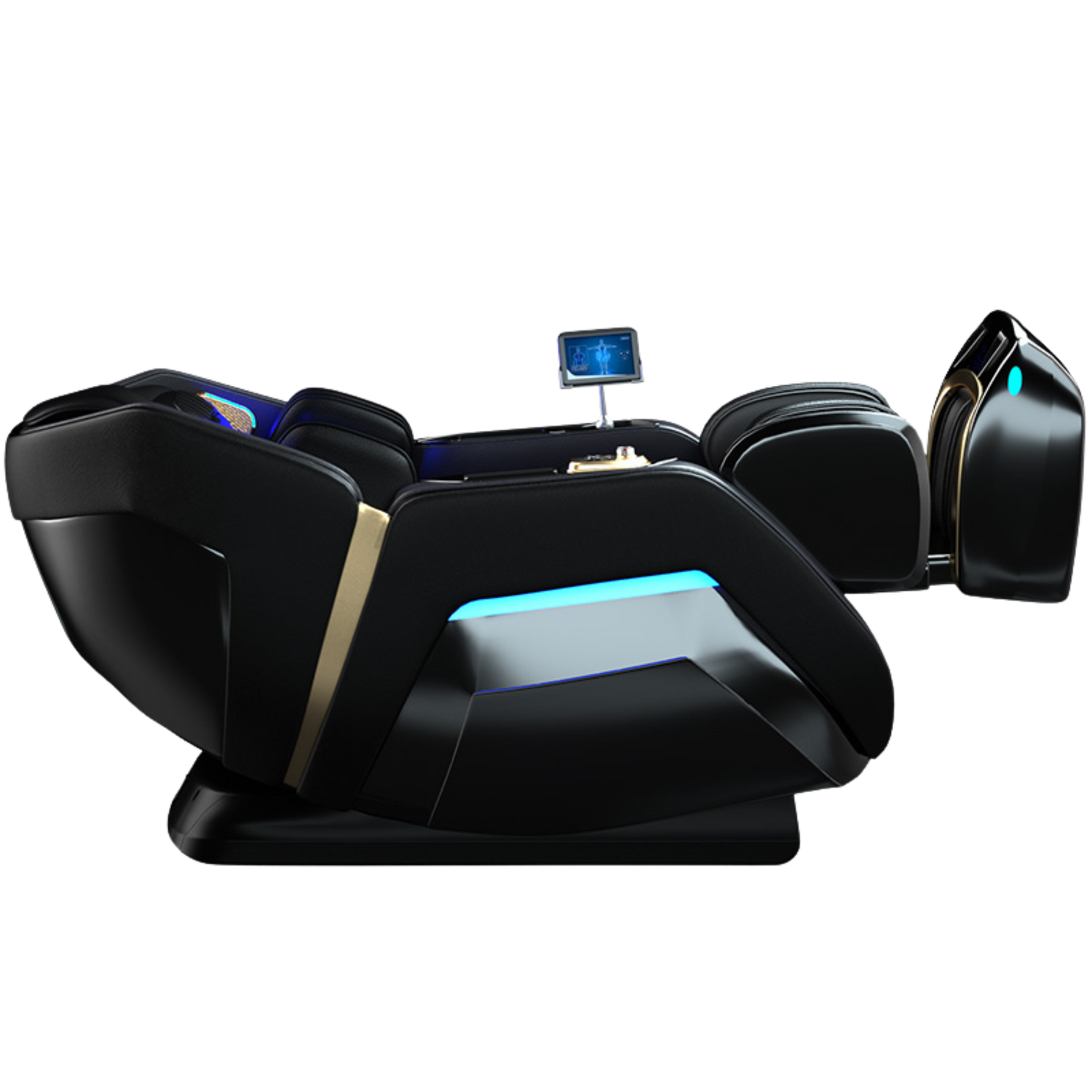 Zijaanzicht van massagestoel in zero gravity stand met ligfunctie, touchscreen bediening en blauwe LED-verlichting.