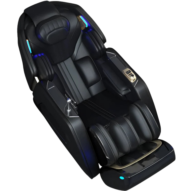 Zwarte massagestoel met full body massage, arm- en beenmassage, luxe bekleding en sfeervolle LED-verlichting.