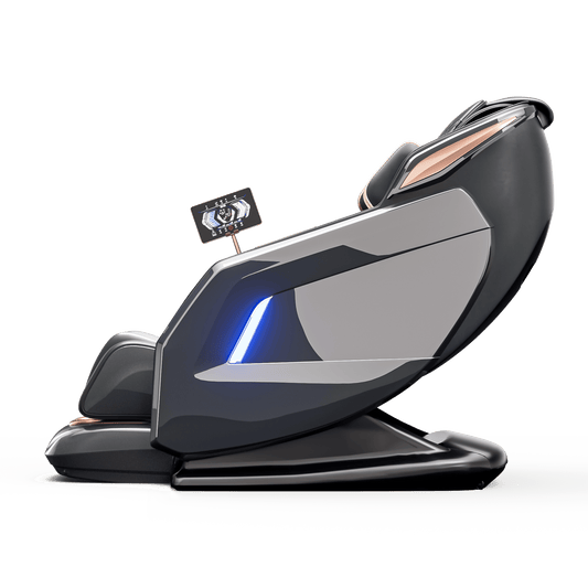 Zwarte elektrische massagestoel in zero gravity ligpositie met full body massage en touchscreen bediening