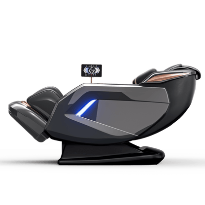 Zwarte elektrische massagestoel in zero gravity ligpositie met full body massage en voetmassage