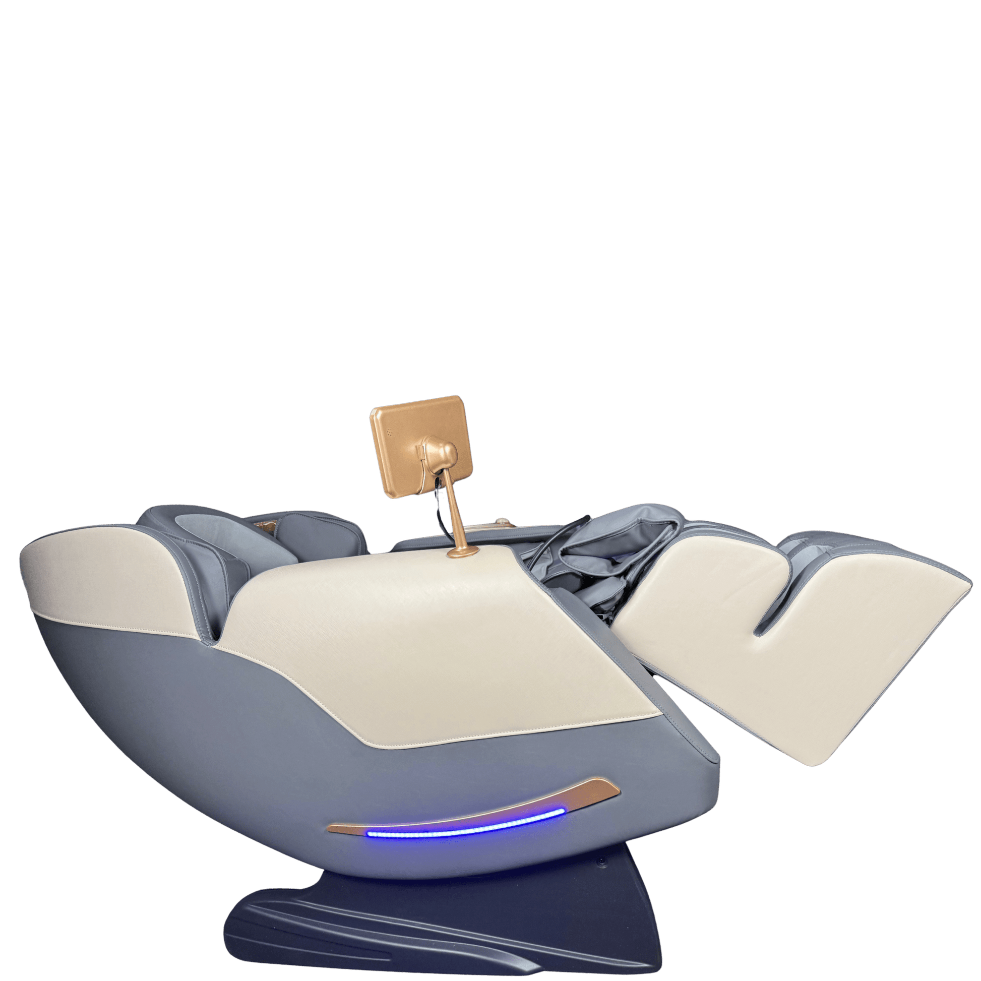 zijaanzicht van grijze en cremekleurige massagestoel in zerogravity stand met blauwe lichtstrip