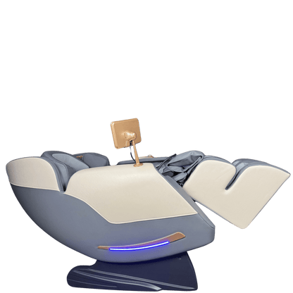 zijaanzicht van grijze en cremekleurige massagestoel in zerogravity stand met blauwe lichtstrip