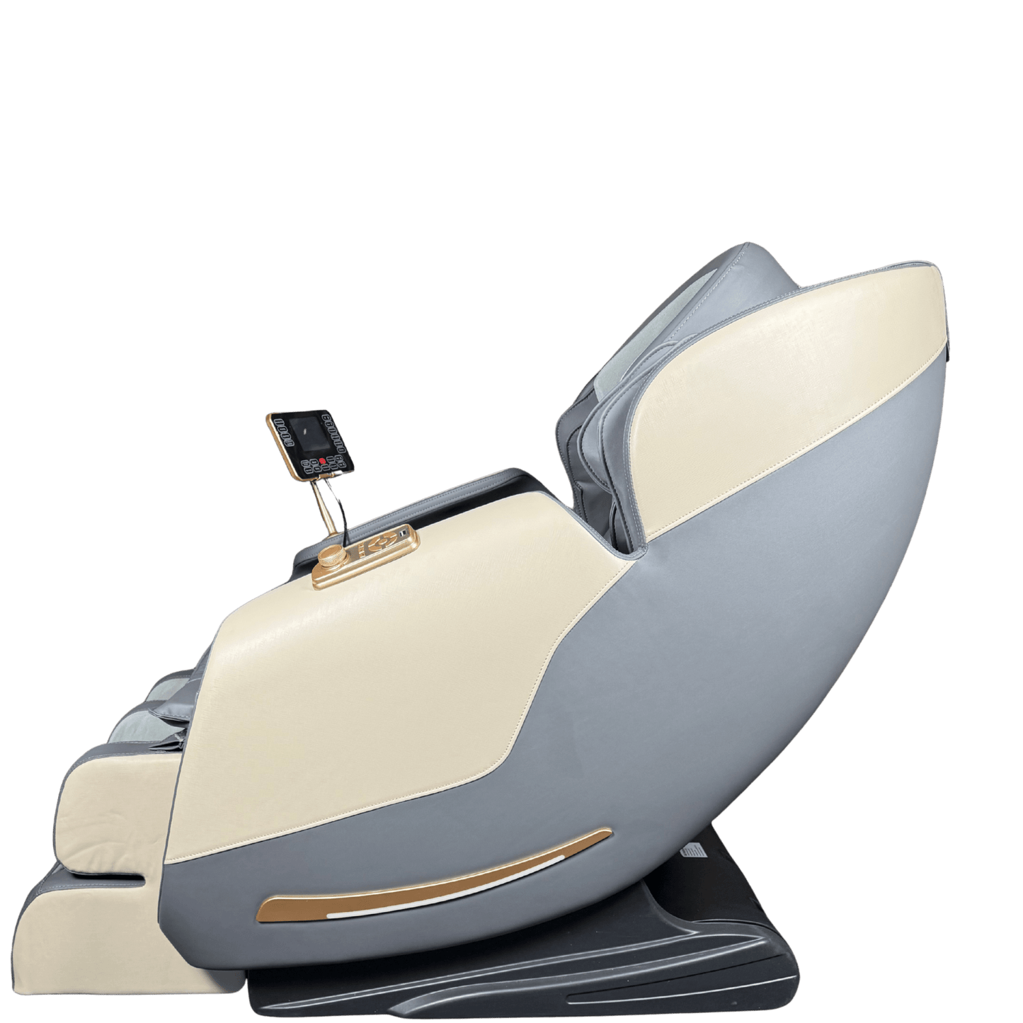 zijaanzicht van grijze en cremekleurige massagestoel met touchscreen paneel en goudaccent