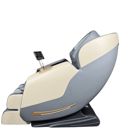zijaanzicht van grijze en cremekleurige massagestoel met touchscreen paneel en goudaccent