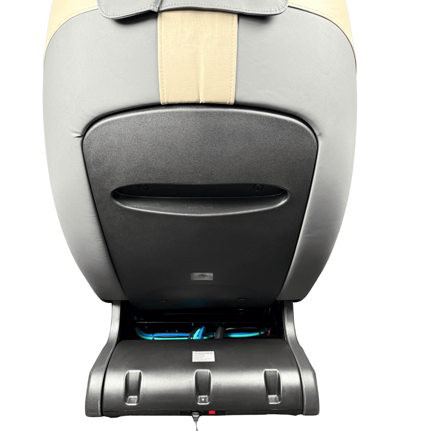 achterkant van grijze en cremekleurige massagestoel met zichtbaar basisframe en kabels onderaan