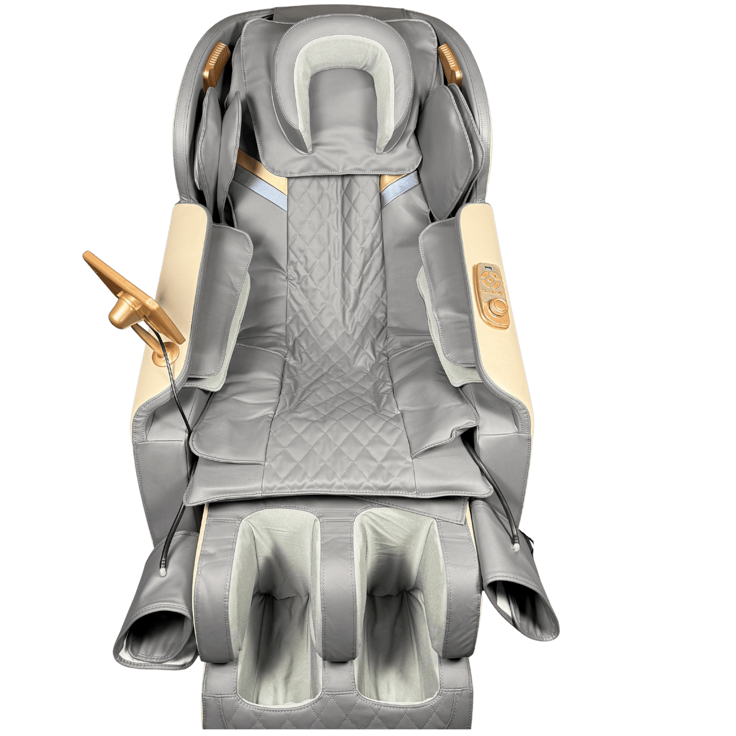 vooraanzicht van grijze massagestoel met cremekleurige accenten en quilted bekleding