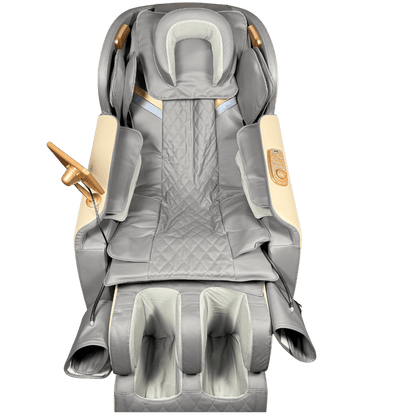 vooraanzicht van grijze massagestoel met cremekleurige accenten en quilted bekleding