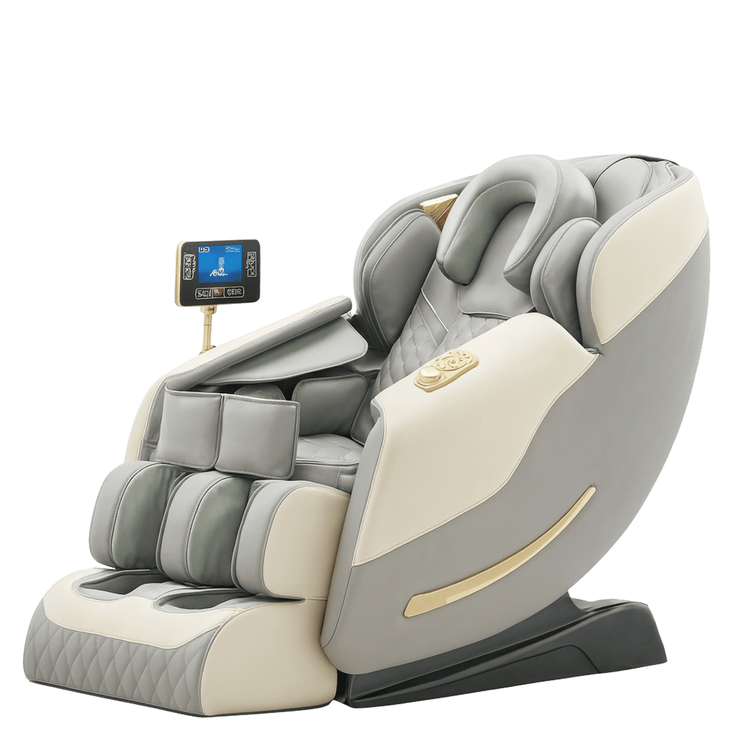 grijze en cremekleurige massagestoel met touchscreen paneel en quilted bekleding in zijaanzicht
