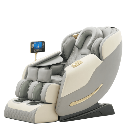 grijze en cremekleurige massagestoel met touchscreen paneel en quilted bekleding in zijaanzicht