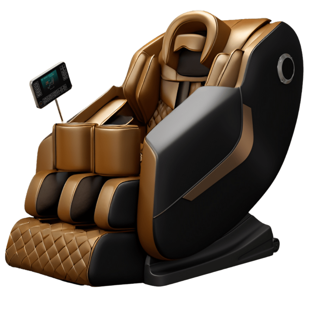 Massagestoel in goud en zwart met SL-track, voet- en beenmassage, armkussens en een zijpaneel met touchscreen bediening.
