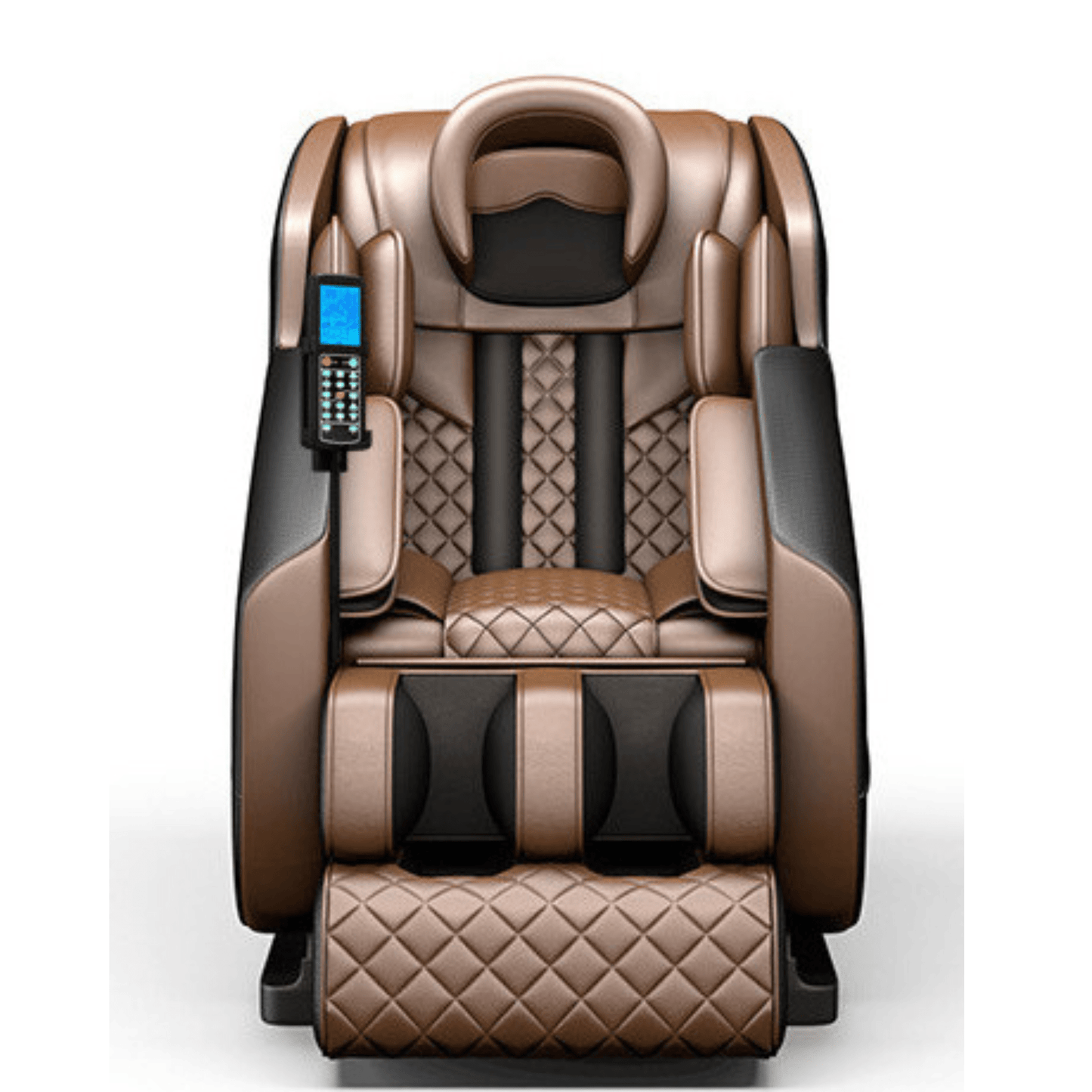 Massagestoel in goud en zwart met quilted zitting, schouderkussens, voetmassage en een bedieningspaneel aan de rechterarmleuning.