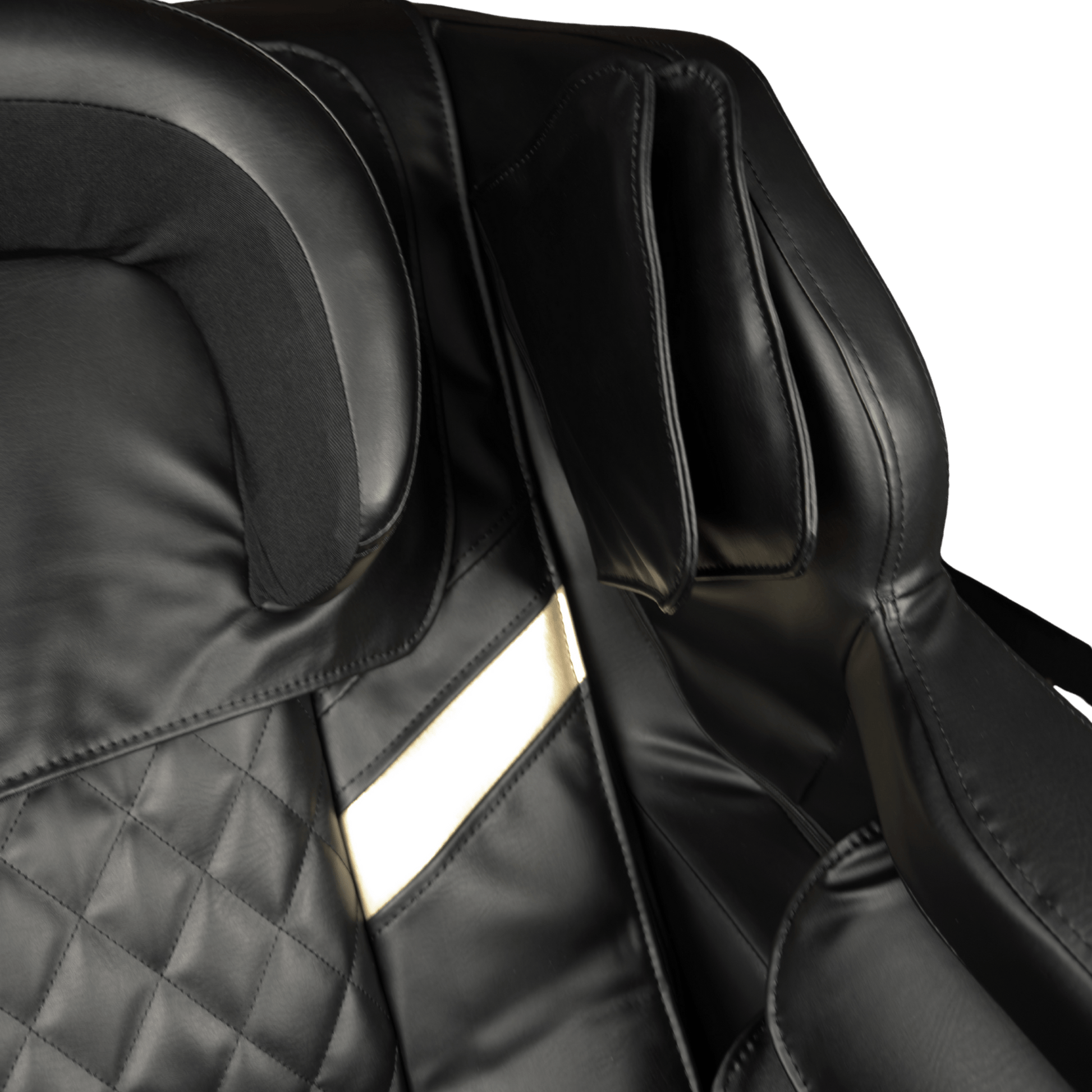 close-up van zwarte massagestoel met quilted rugleuning en goudkleurig accent