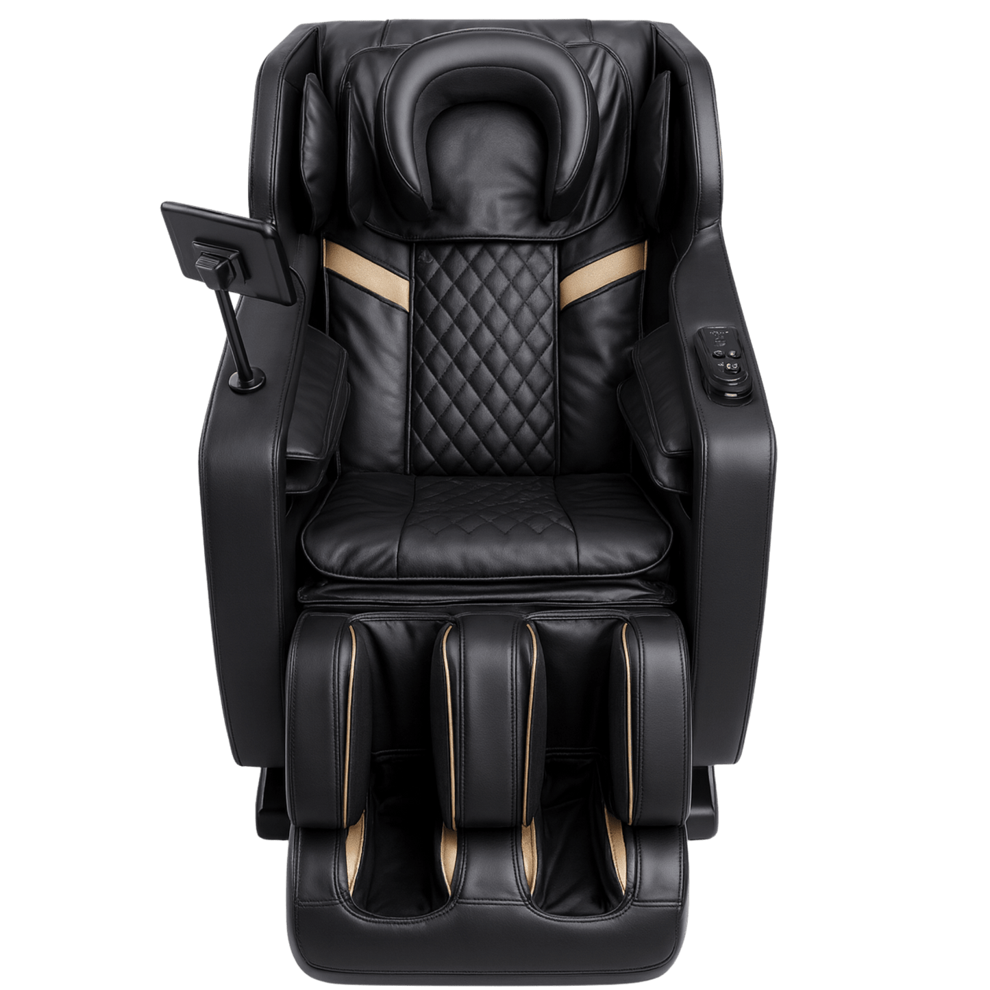 vooraanzicht van zwarte massagestoel met quilted bekleding en goudkleurige accenten