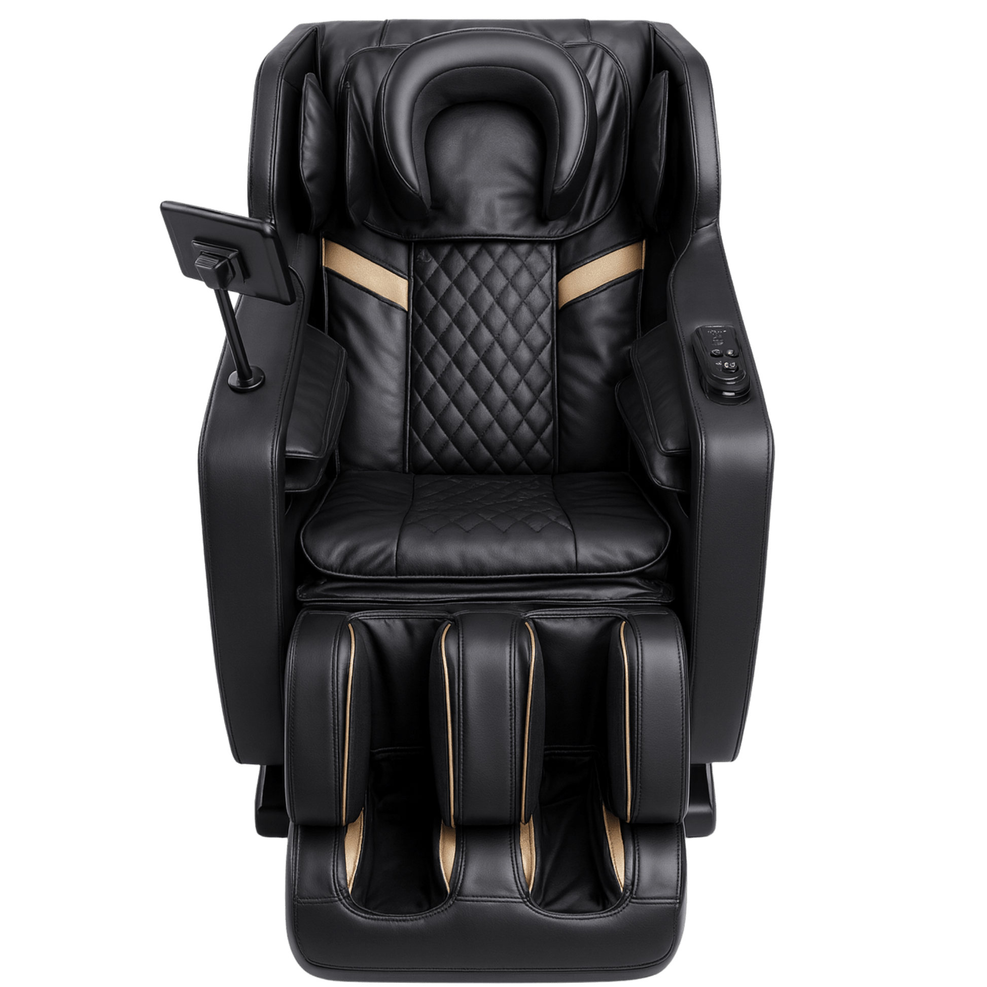 vooraanzicht van zwarte massagestoel met quilted bekleding en goudkleurige accenten