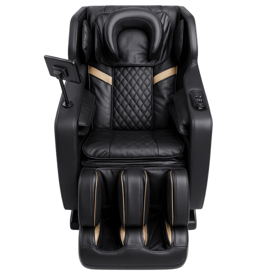 vooraanzicht van zwarte massagestoel met quilted bekleding en goudkleurige accenten