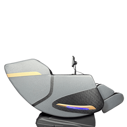 zijaanzicht van zwarte massagestoel in zerogravity stand with blauwe lichtstrip