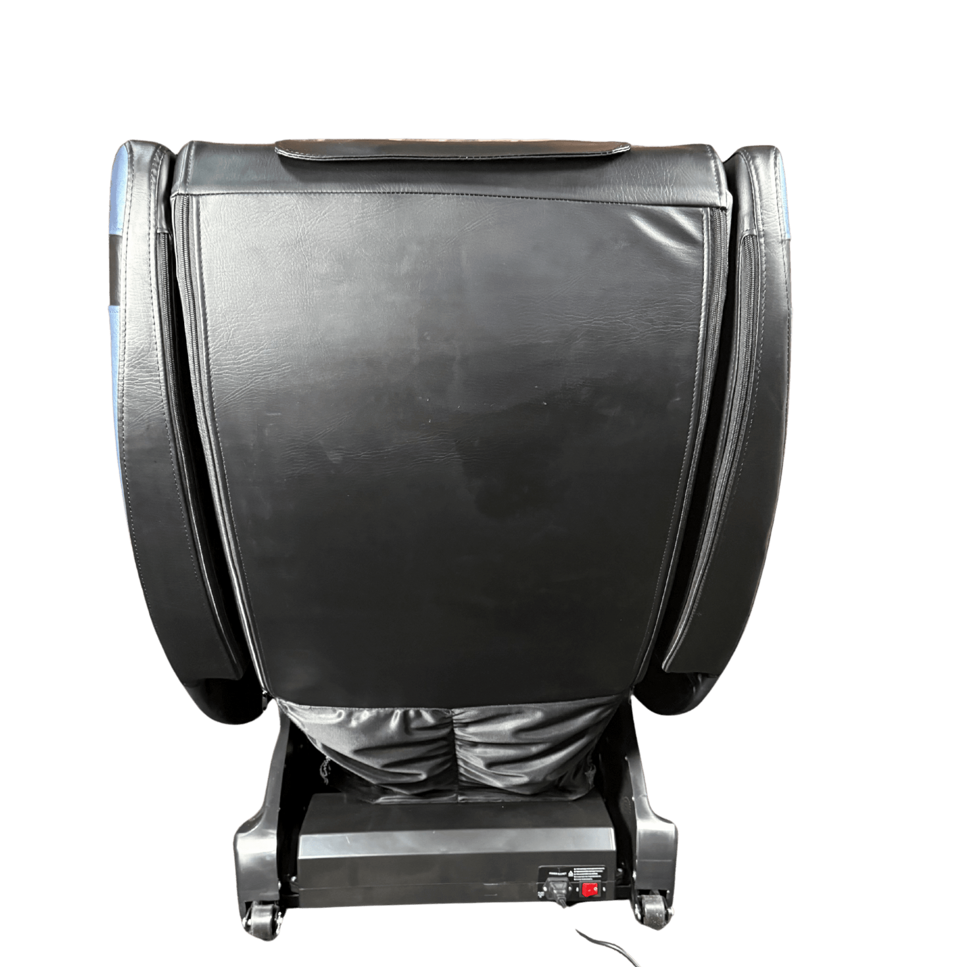 Achterkant van een zwarte massagestoel met basisframe en bedieningsschakelaar onderaan.