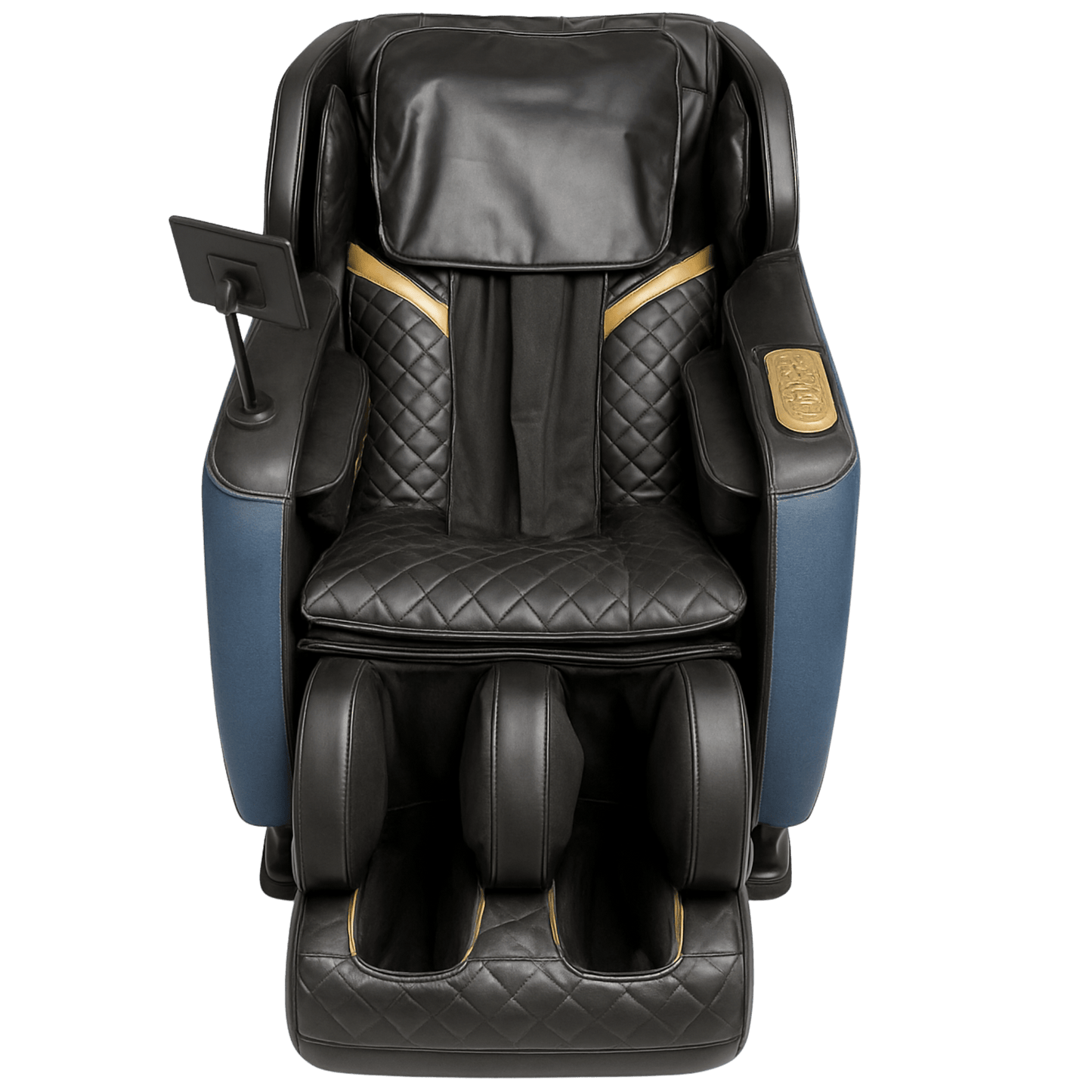Vooraanzicht van een zwarte massagestoel met blauwe zijkanten, quilted zitting en goudkleurige accenten.