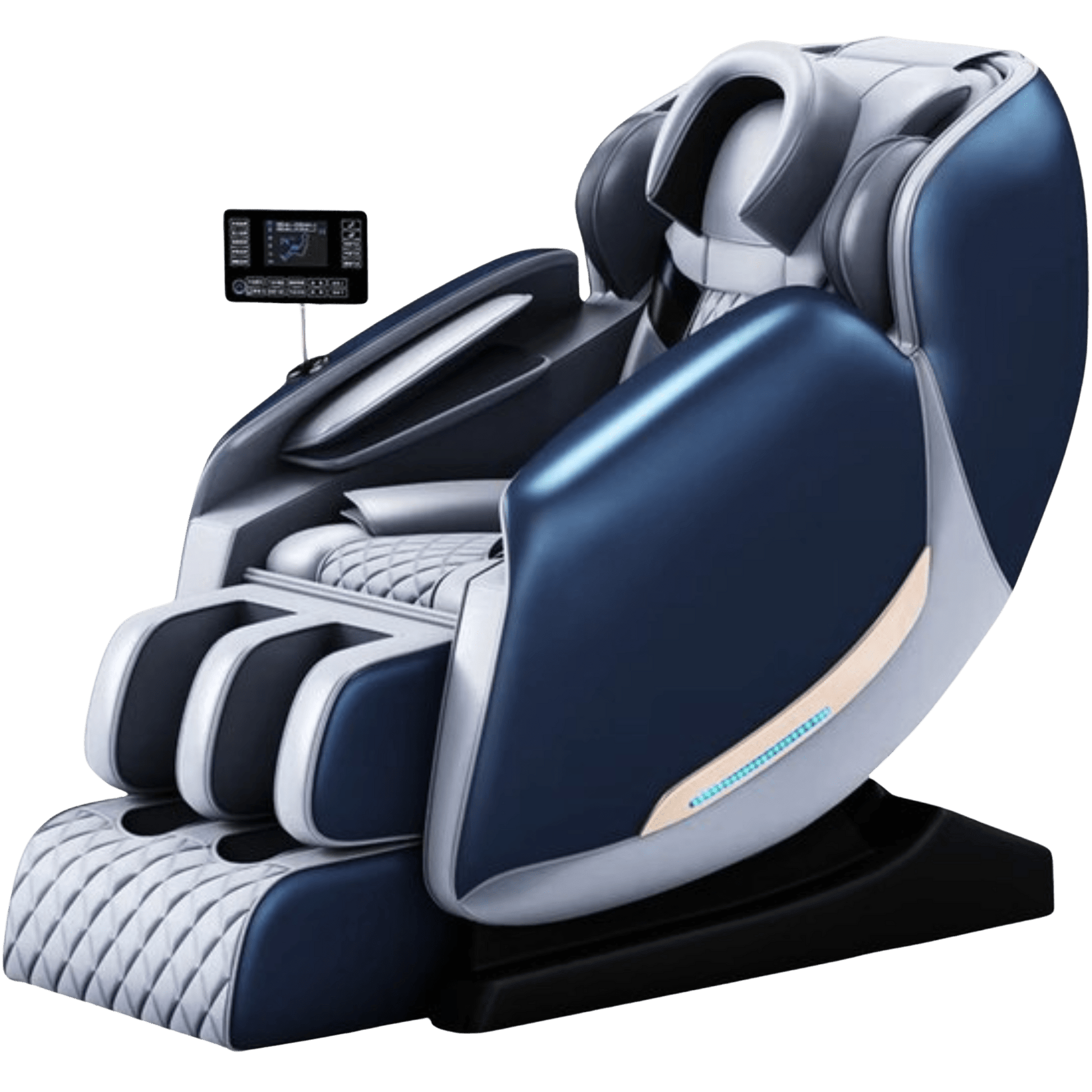 blauwe massagestoel met touchscreen paneel en quilted bekleding in zijaanzicht