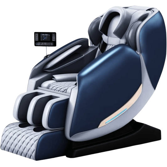 blauwe massagestoel met touchscreen paneel en quilted bekleding in zijaanzicht