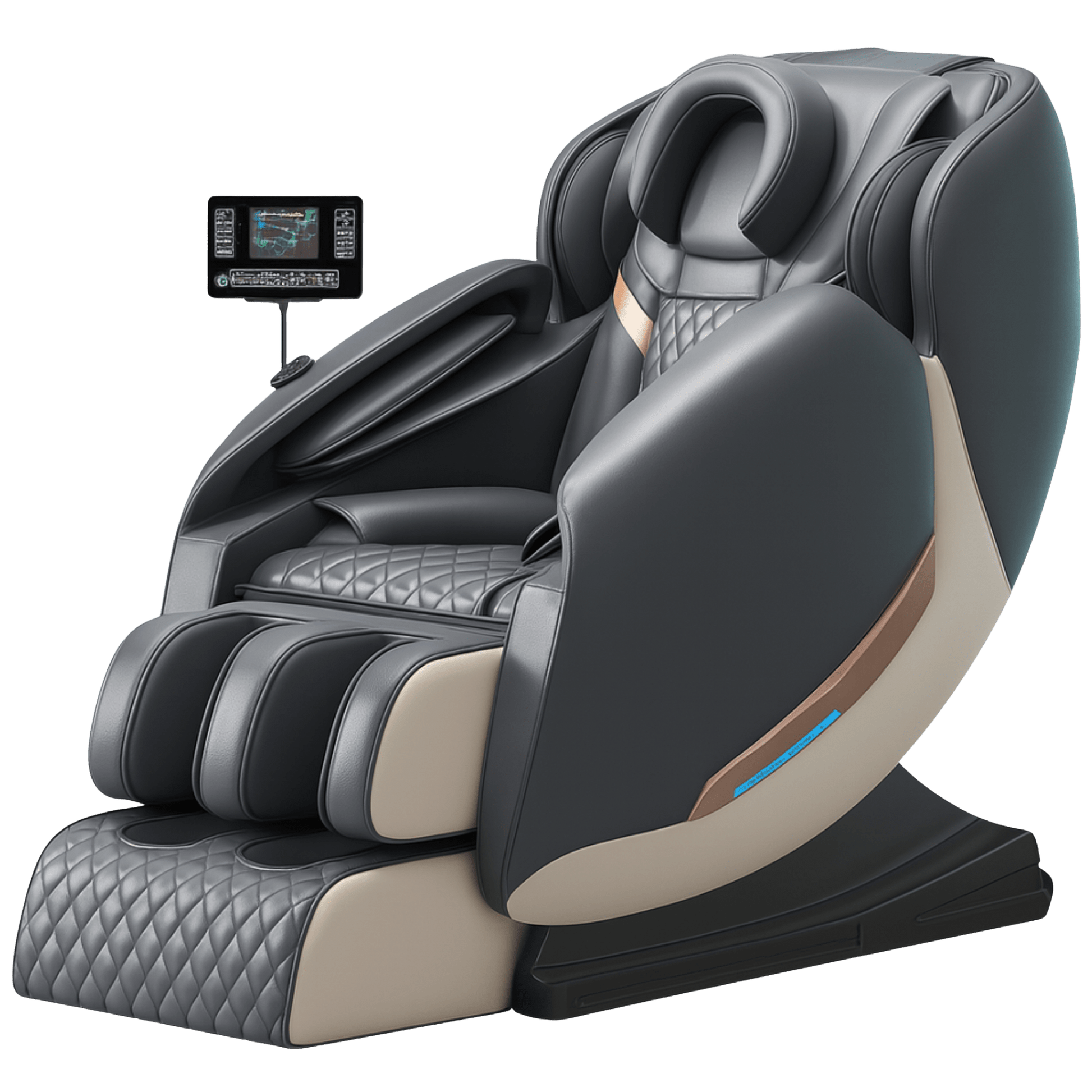 Donkergrijze massagestoel met beige en koperkleurige accenten, quilted zitting en touchscreen bediening.