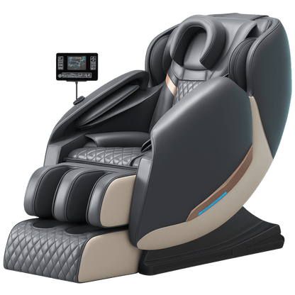 Donkergrijze massagestoel met beige en koperkleurige accenten, quilted zitting en touchscreen bediening.