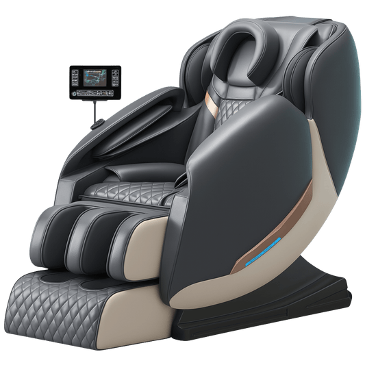Donkergrijze massagestoel met beige en koperkleurige accenten, quilted zitting en touchscreen bediening.