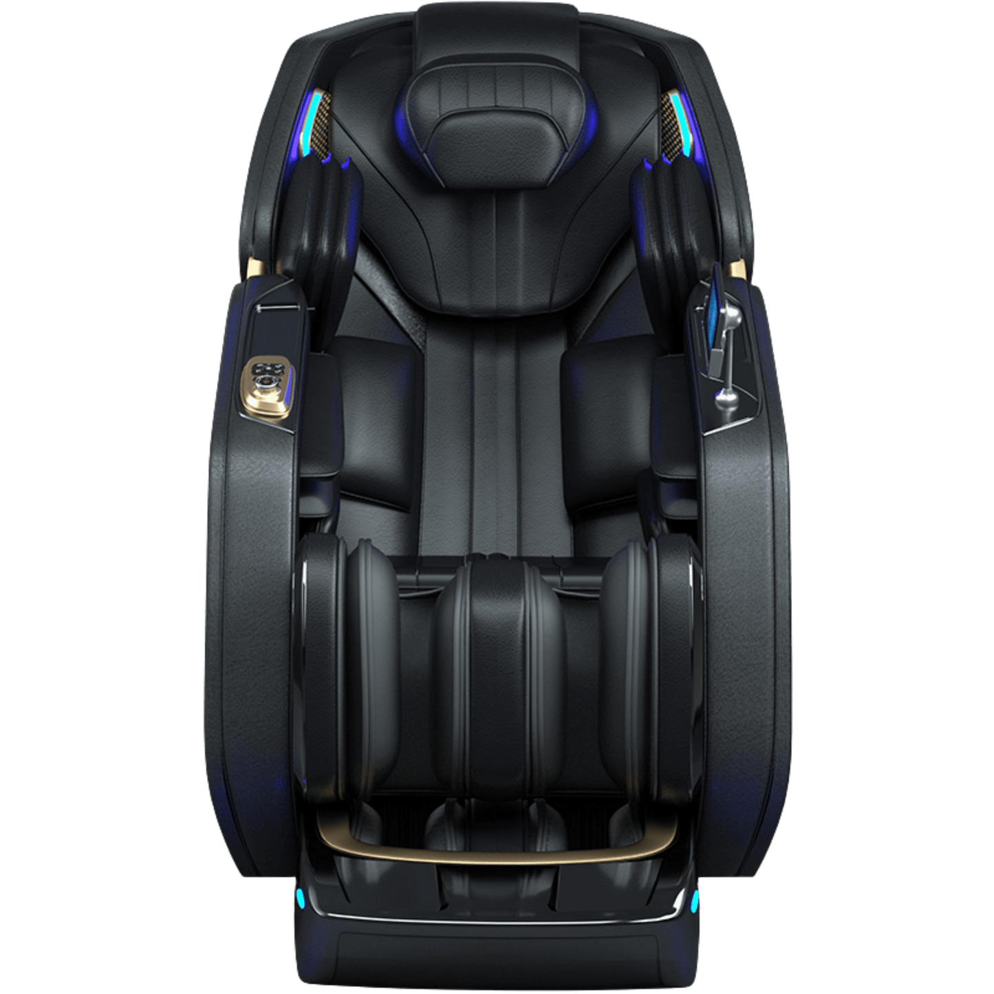 vooraanzicht van zwarte massagestoel met blauwe verlichting en goudkleurige accenten
