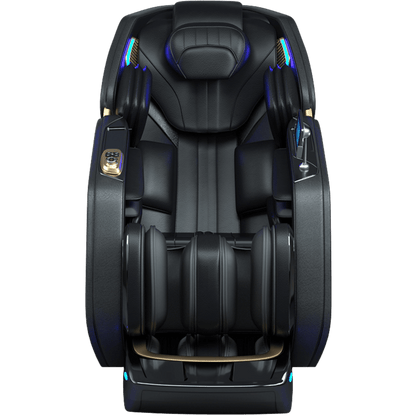 vooraanzicht van zwarte massagestoel met blauwe verlichting en goudkleurige accenten