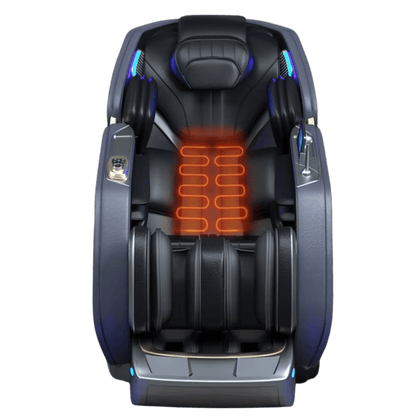 vooraanzicht van grijze massagestoel met verwarmde rugzone and blauwe verlichting
