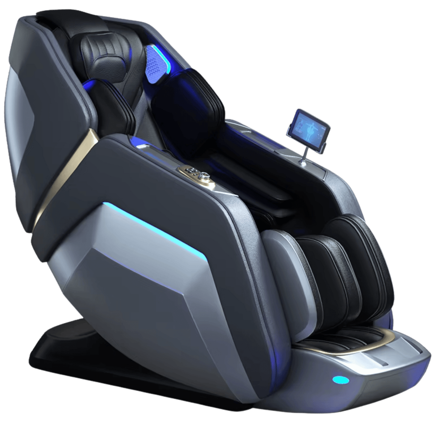 zijaanzicht van grijze en zwarte massagestoel met blauwe verlichting en touchscreen paneel