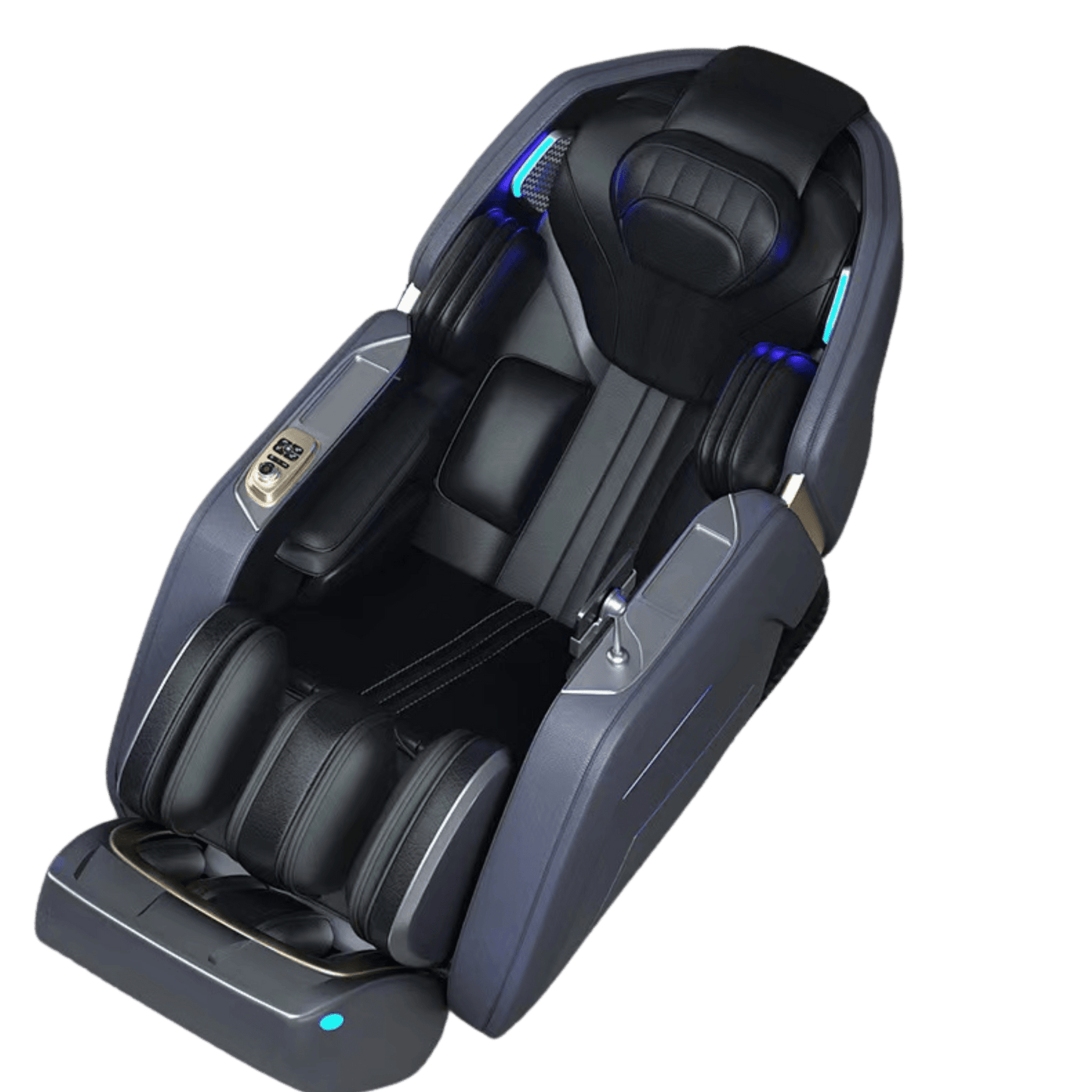 schuine bovenaanzicht van grijze massagestoel met zwarte bekleding, blauwe verlichting en bedieningspaneel